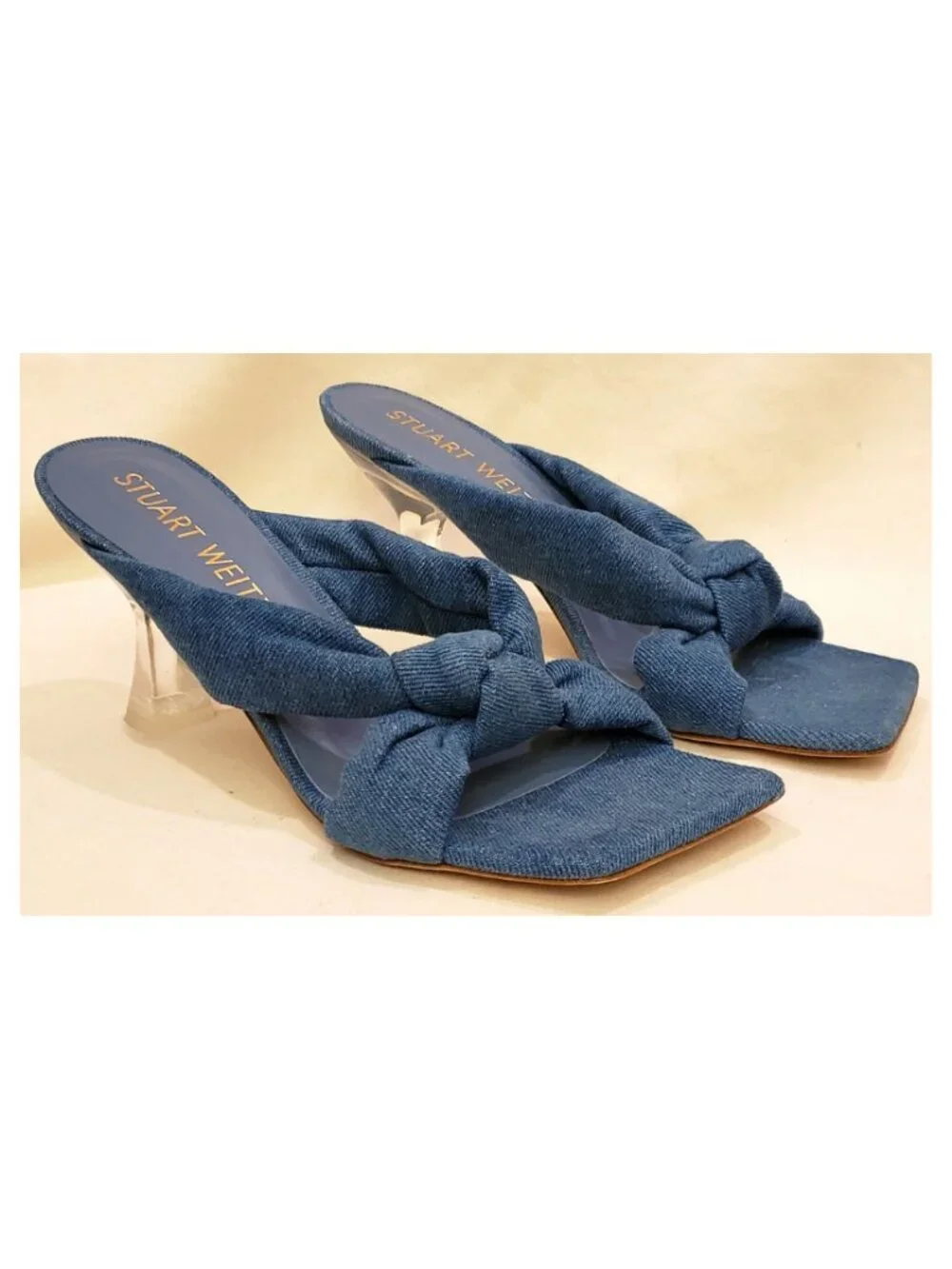 Stuart Weitzman Blue Denim Knot Mule Sandals Lucite Clear Heel Size 8.5 B